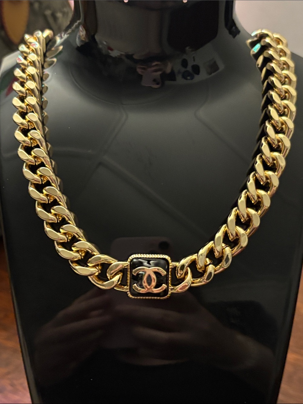 Brand New !  Gold-Tone Curb Chain Necklace with Black Enamel CC Emblem